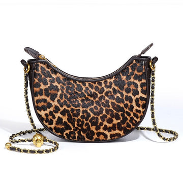 Genuine Leather Leopard Print Crossbody Shoulder Bag | Half Moon Grace