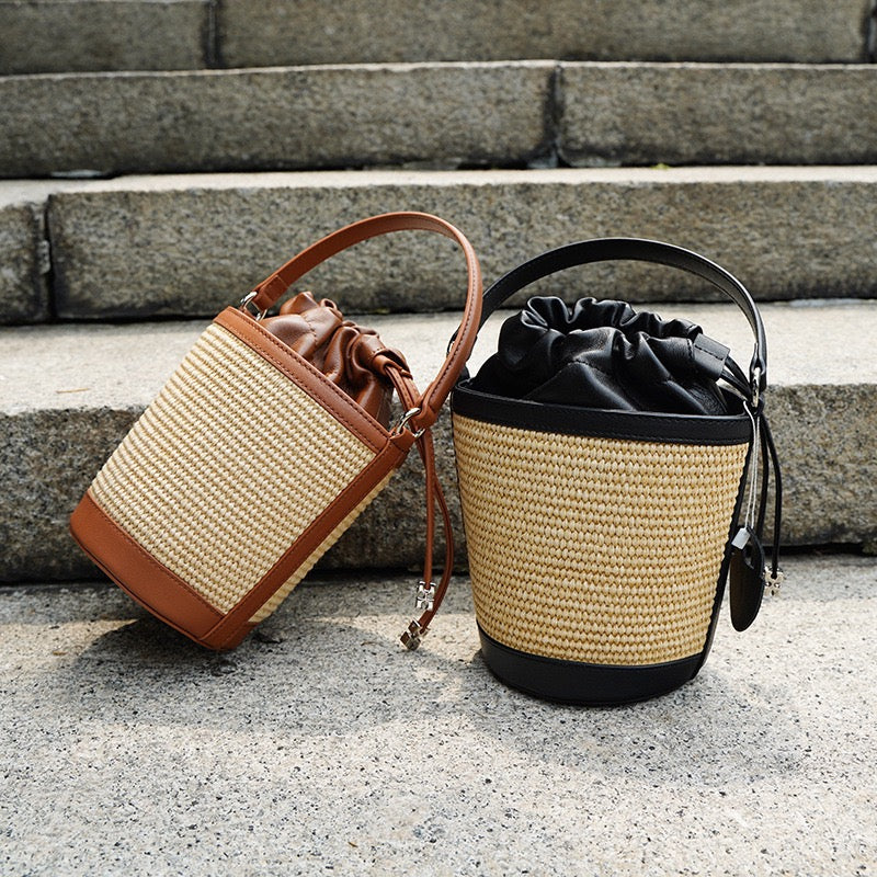 Lambskin Woven Women’s Handheld Crossbody Barrel Bag | Coastal Elegance