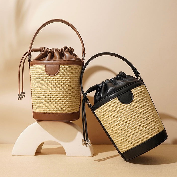 Lambskin Woven Women’s Handheld Crossbody Barrel Bag | Coastal Elegance