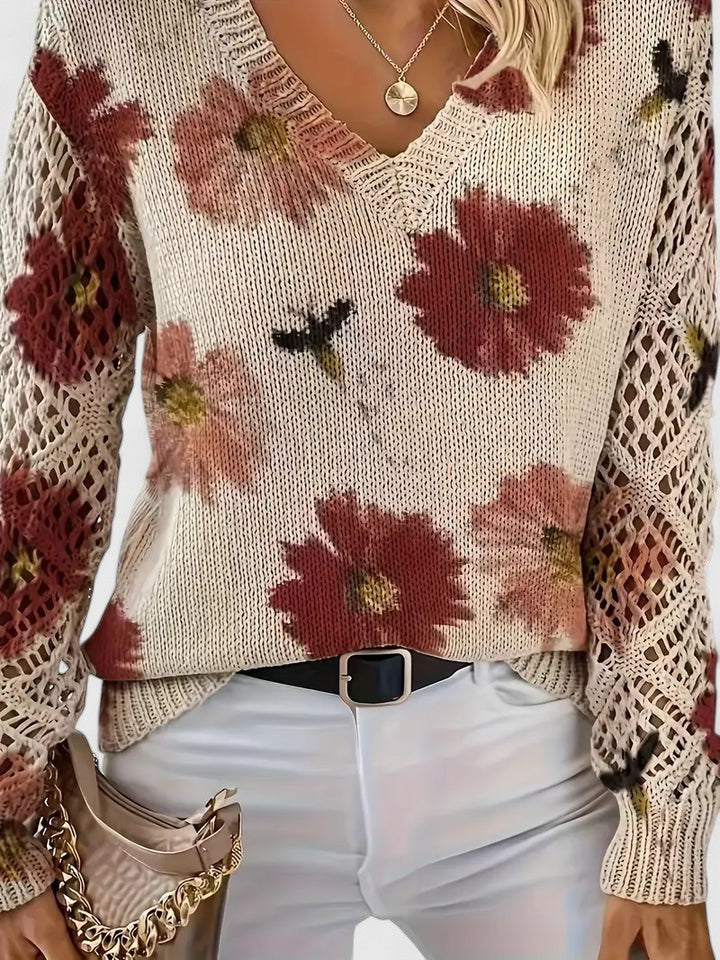 Elegant Floral V-Neck Sweater | Airy Timeless Everyday Sophistication