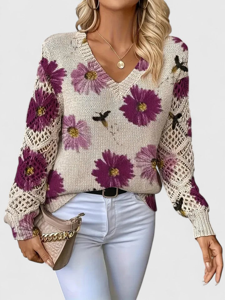 Elegant Floral V-Neck Sweater | Airy Timeless Everyday Sophistication