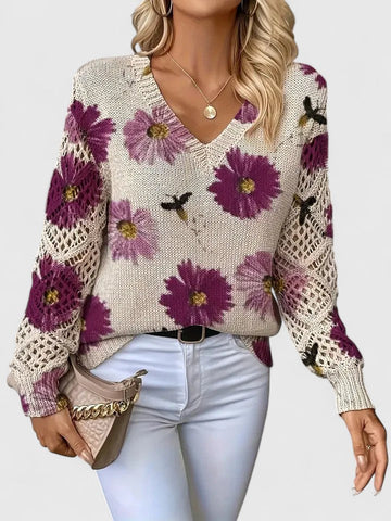 Elegant Floral V-Neck Sweater | Airy Timeless Everyday Sophistication