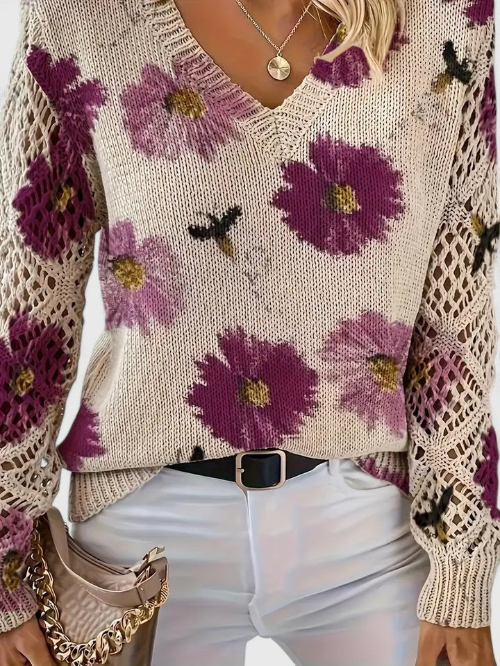 Elegant Floral V-Neck Sweater | Airy Timeless Everyday Sophistication