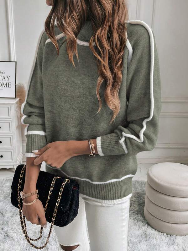 Lined Knit Sweater | Tailored Ease with Contrast Piping