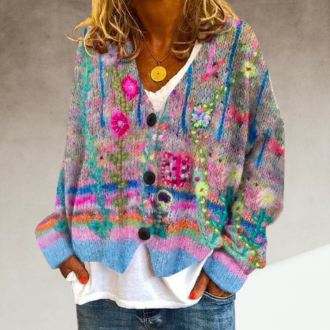 Painterly Floral Cardigan | Artful Color and Quiet Bohemian Elegance