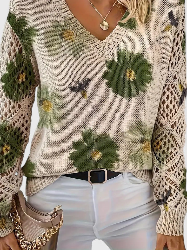 Elegant Floral V-Neck Sweater | Airy Timeless Everyday Sophistication