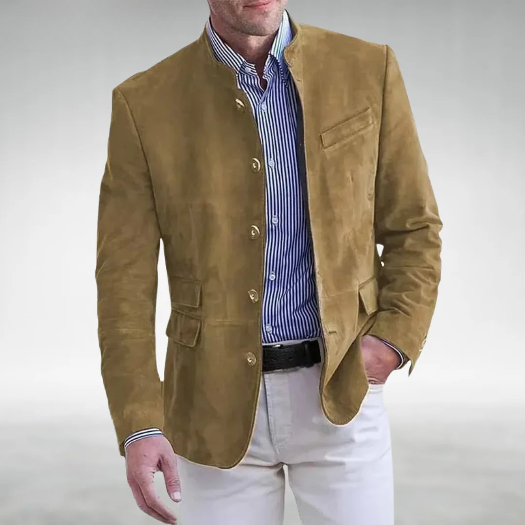 Sage | Suede Leather Jacket | Tailored Mandarin Collar With Modern Elegance