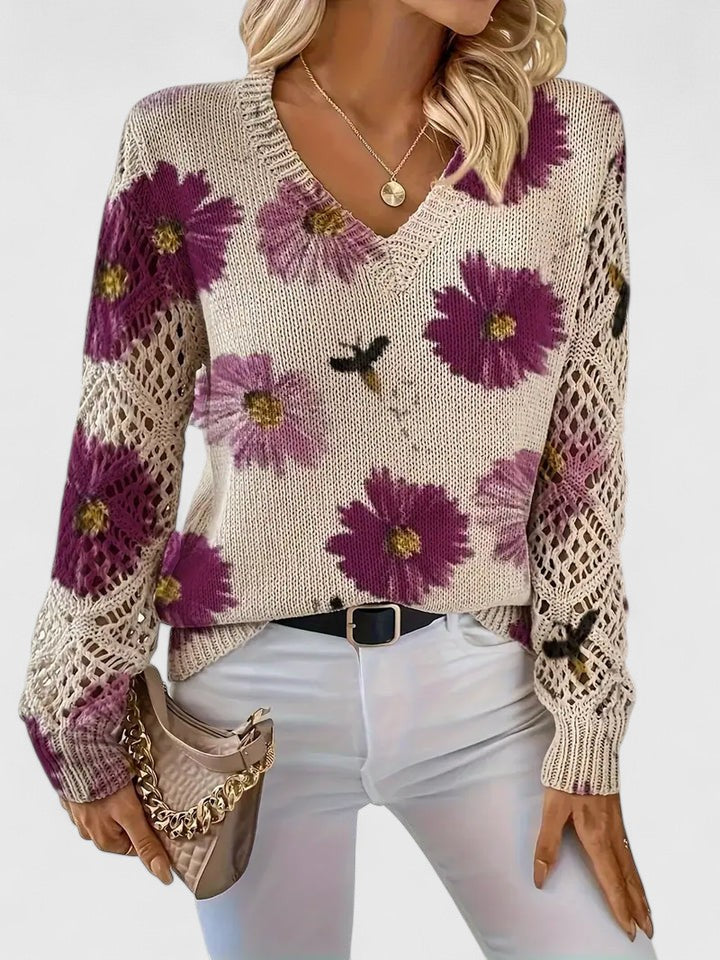 Elegant Floral V-Neck Sweater | Airy Timeless Everyday Sophistication
