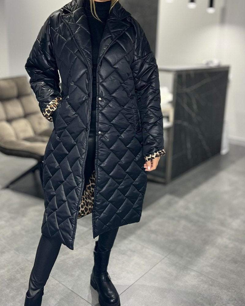 Quilted Mid-Length Coat | Effortless Warmth With Leopard-Print Lining