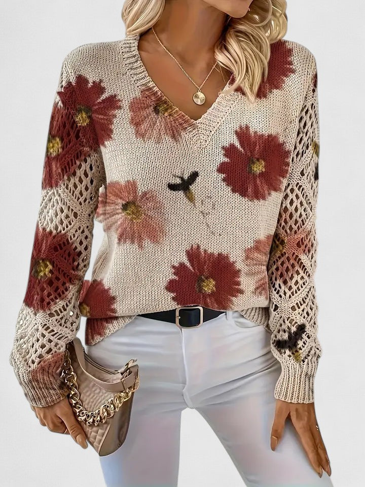 Elegant Floral V-Neck Sweater | Airy Timeless Everyday Sophistication