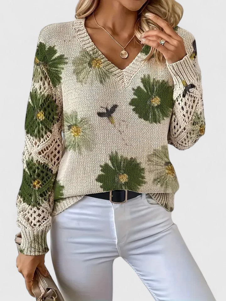 Elegant Floral V-Neck Sweater | Airy Timeless Everyday Sophistication