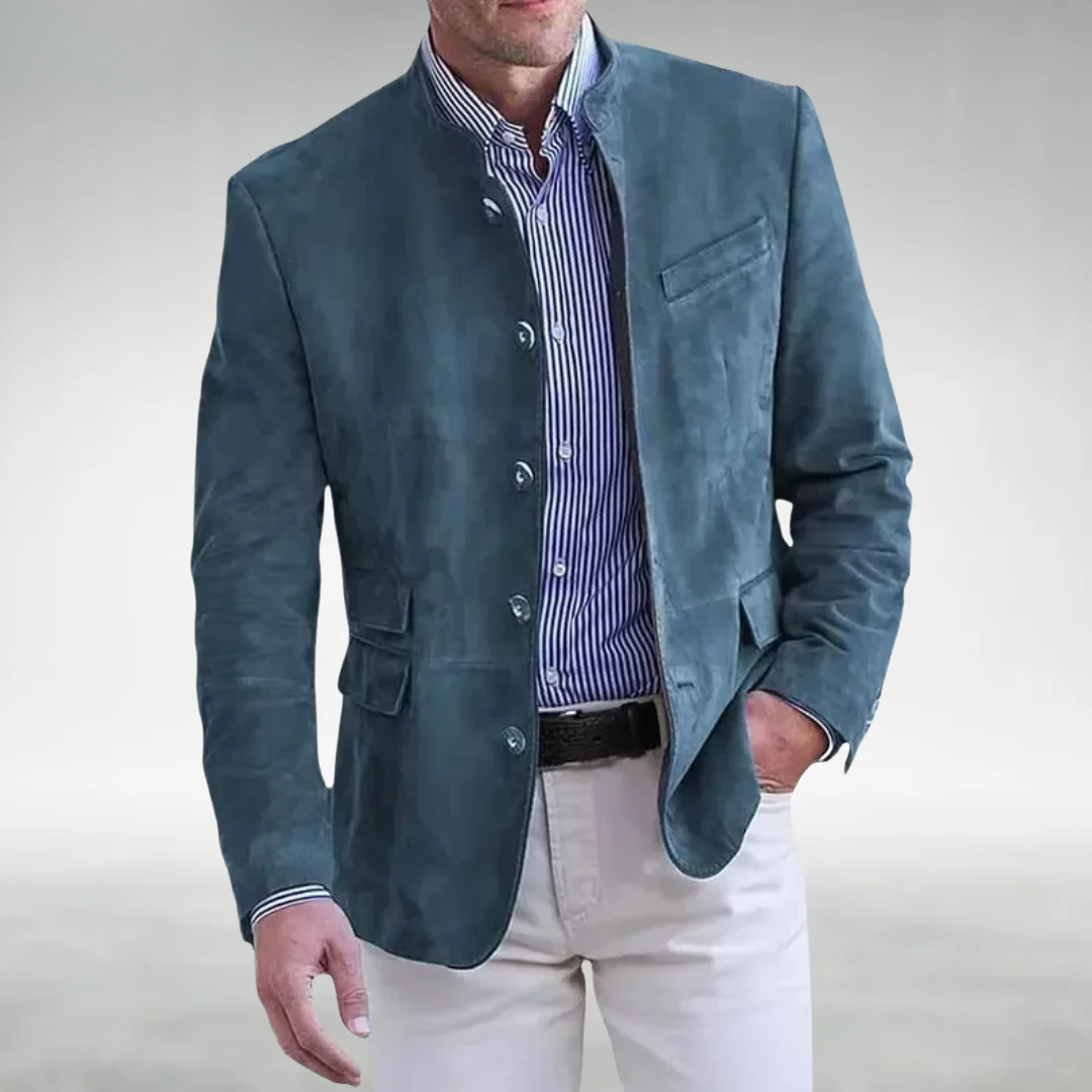 Sage | Suede Leather Jacket | Tailored Mandarin Collar With Modern Elegance