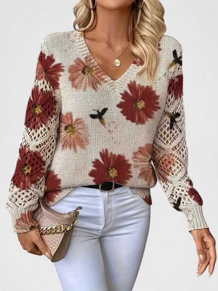 Elegant Floral V-Neck Sweater | Airy Timeless Everyday Sophistication