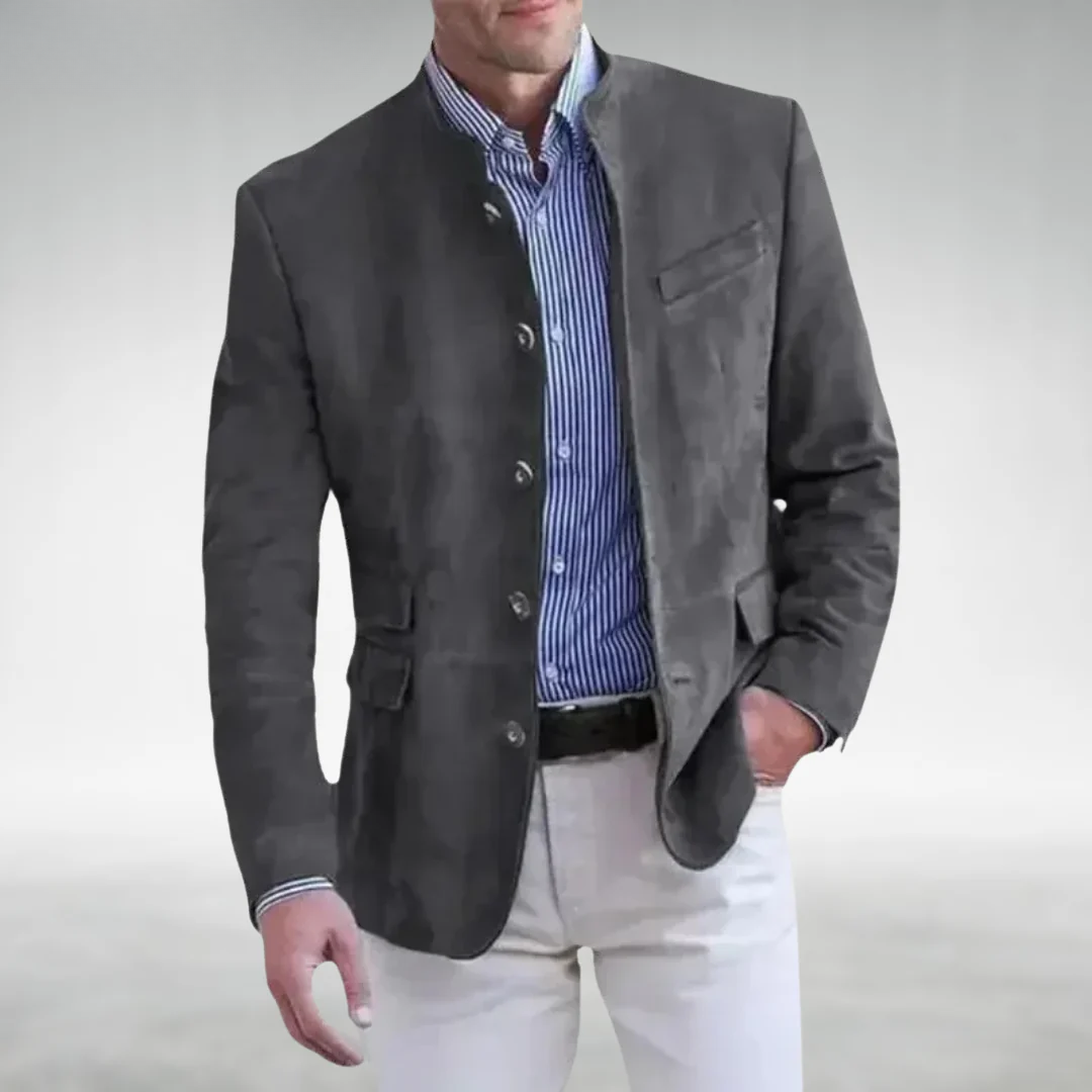 Sage | Suede Leather Jacket | Tailored Mandarin Collar With Modern Elegance