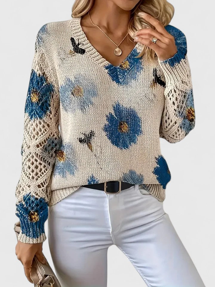 Elegant Floral V-Neck Sweater | Airy Timeless Everyday Sophistication