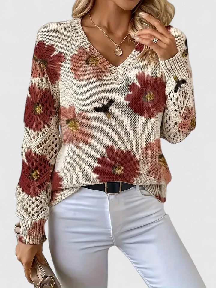 Elegant Floral V-Neck Sweater | Airy Timeless Everyday Sophistication