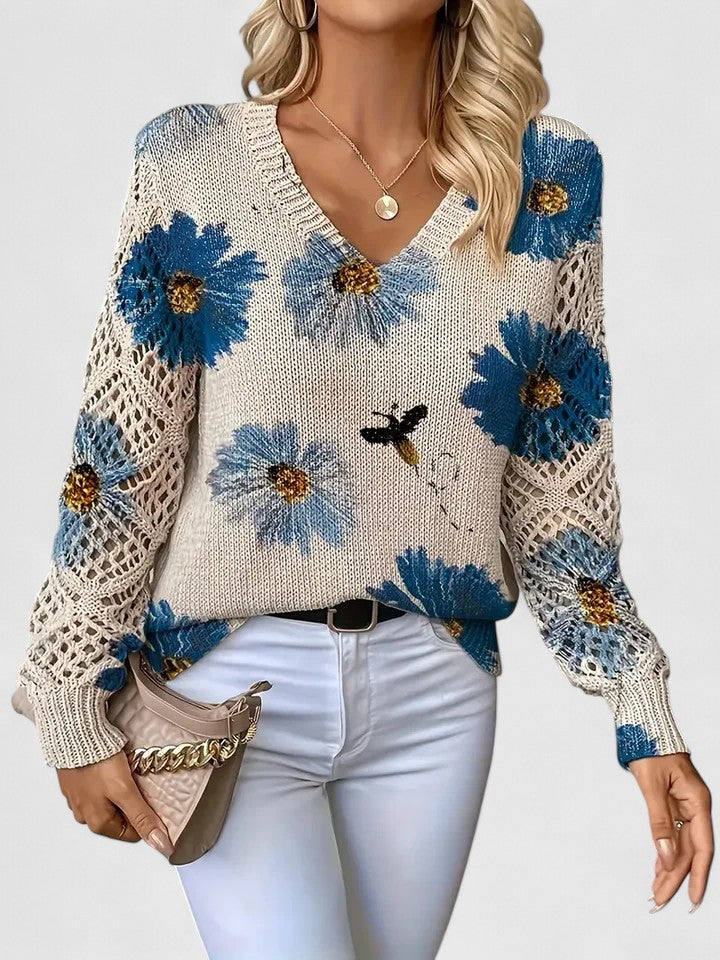 Elegant Floral V-Neck Sweater | Airy Timeless Everyday Sophistication