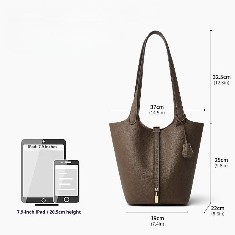 Textured Genuine Leather Tote Bag | Polished Gold Buckle Elegance