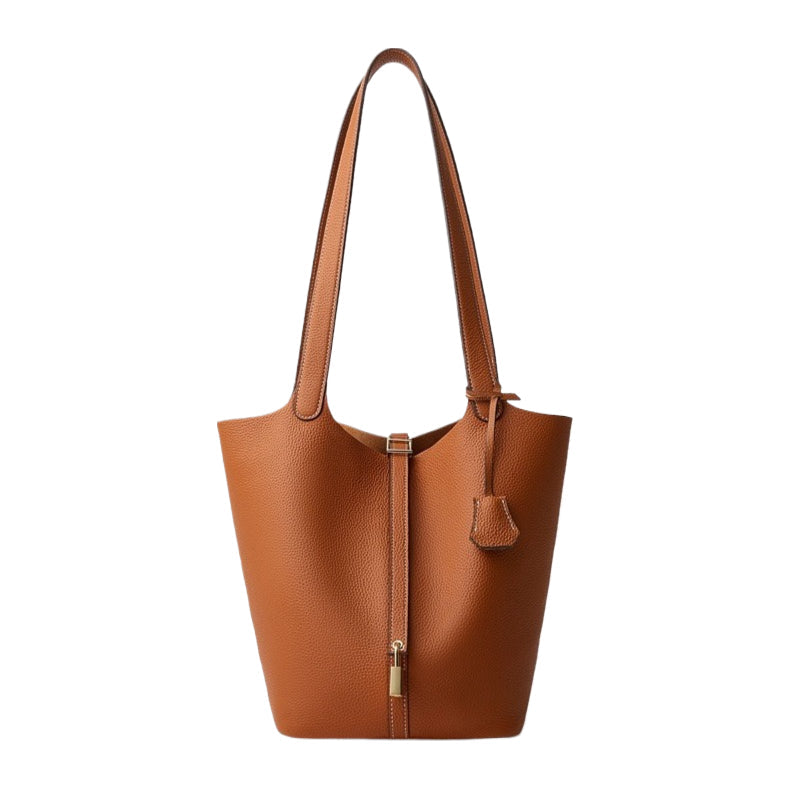 Textured Genuine Leather Tote Bag | Polished Gold Buckle Elegance