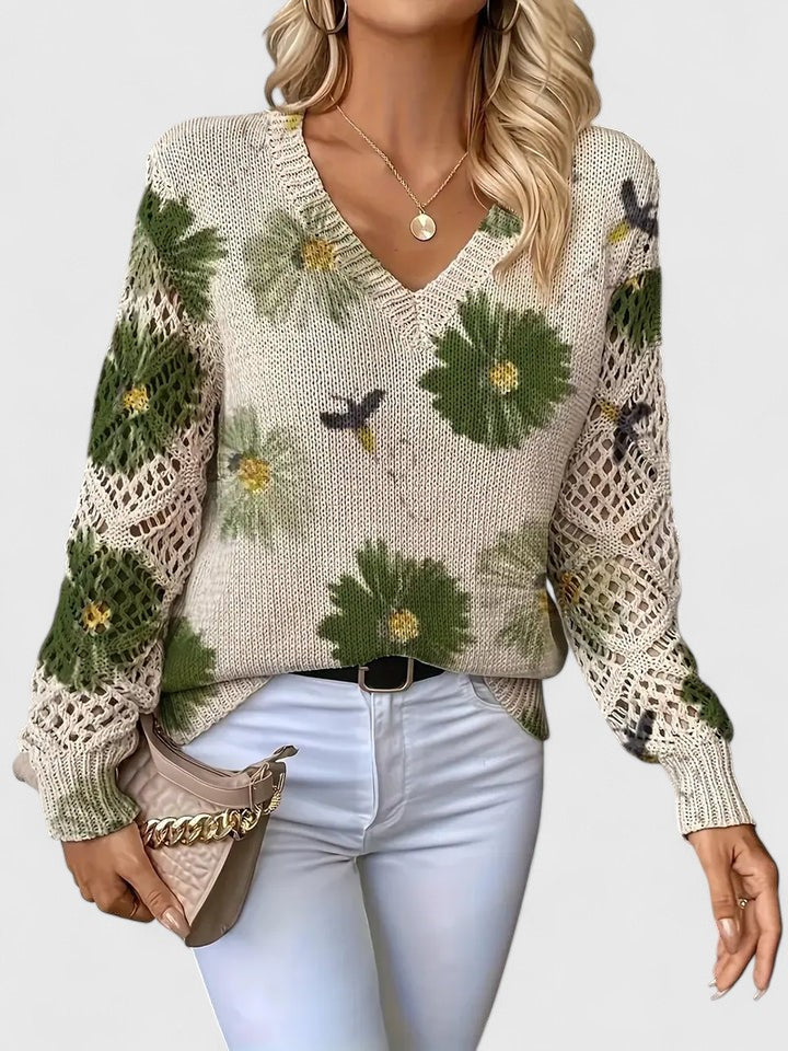 Elegant Floral V-Neck Sweater | Airy Timeless Everyday Sophistication