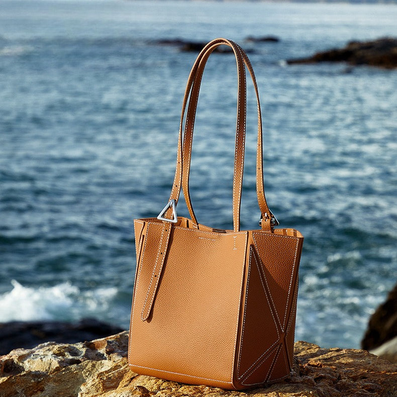 Women’s Camel Textured Leather Shoulder Tote | Effortless Elegance