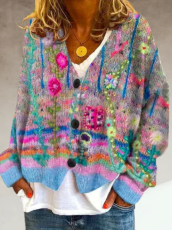 Painterly Floral Cardigan | Artful Color and Quiet Bohemian Elegance