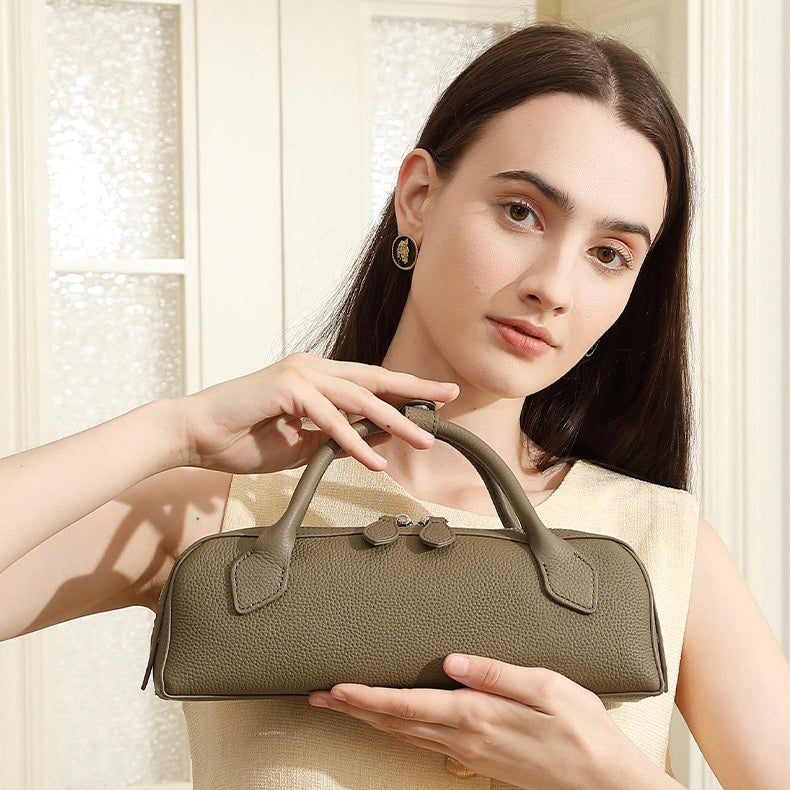 Top-Grain Genuine Leather Baguette Handbag | Spacious Effortless Elegance