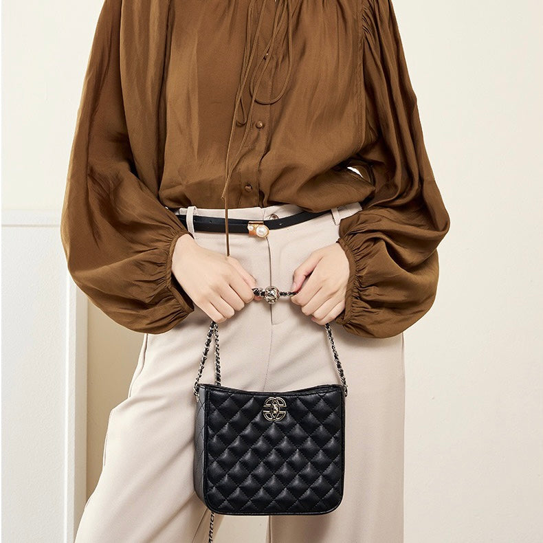 Women’s Genuine Cowhide Chain Commuter Bucket Bag | Effortless City Elegance