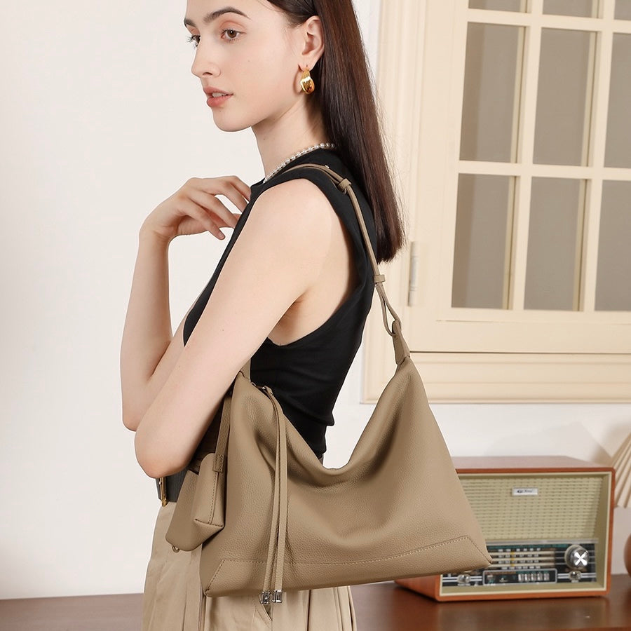 Minimalist Genuine Leather Tote Shoulder Bag | Large Capacity Commuter Elegance