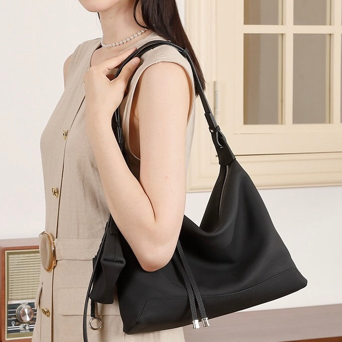 Minimalist Genuine Leather Tote Shoulder Bag | Large Capacity Commuter Elegance