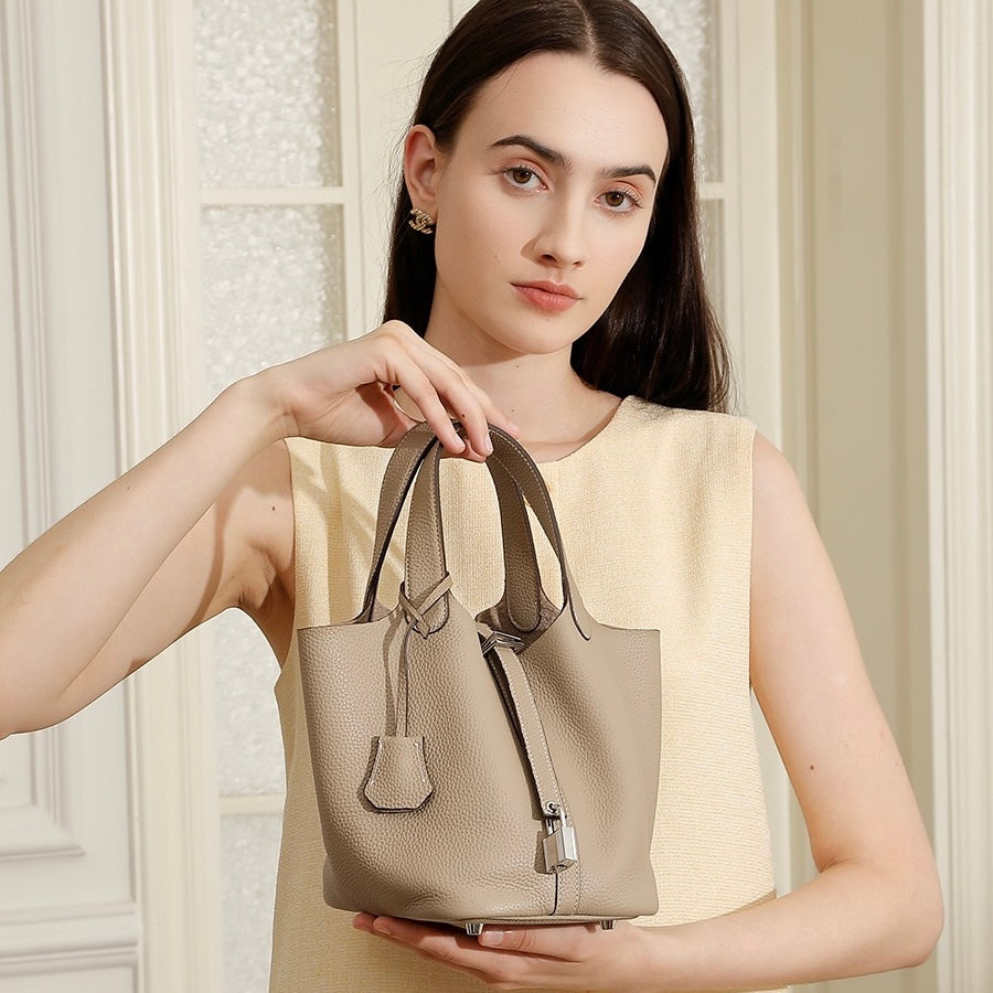 Women’s Genuine Leather Basket Bag | Effortless Silver Buckle Elegance