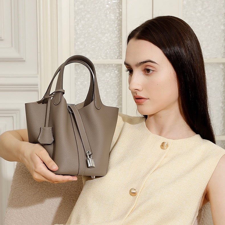 Women’s Genuine Leather Basket Bag | Effortless Silver Buckle Elegance