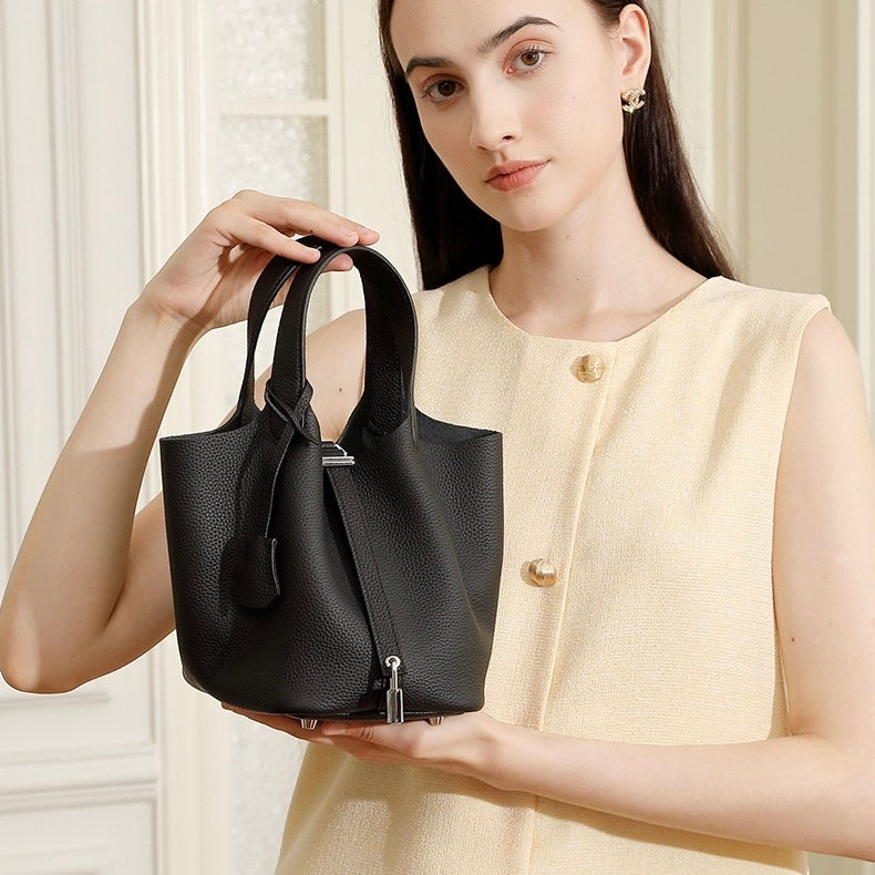 Women’s Genuine Leather Basket Bag | Effortless Silver Buckle Elegance