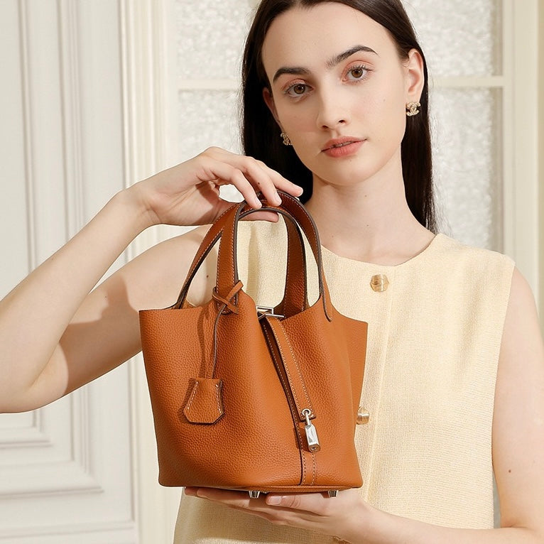 Women’s Genuine Leather Basket Bag | Effortless Silver Buckle Elegance