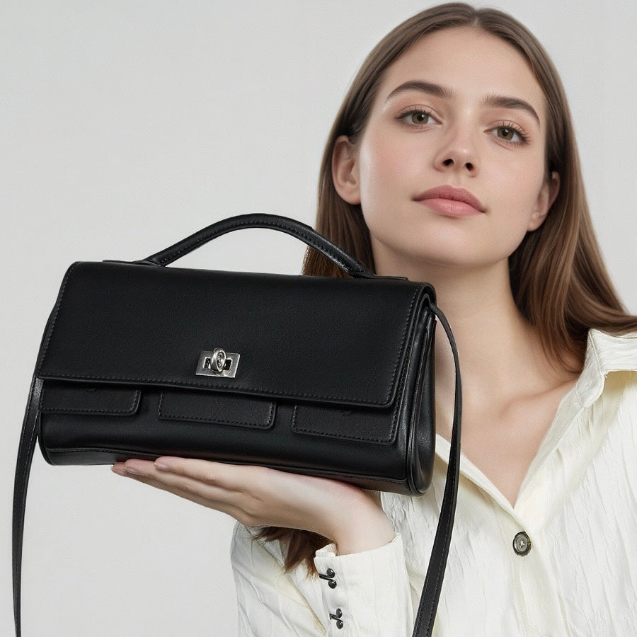 Women’s Genuine Leather Shoulder Handbag | Designer Lock Clasp Elegance