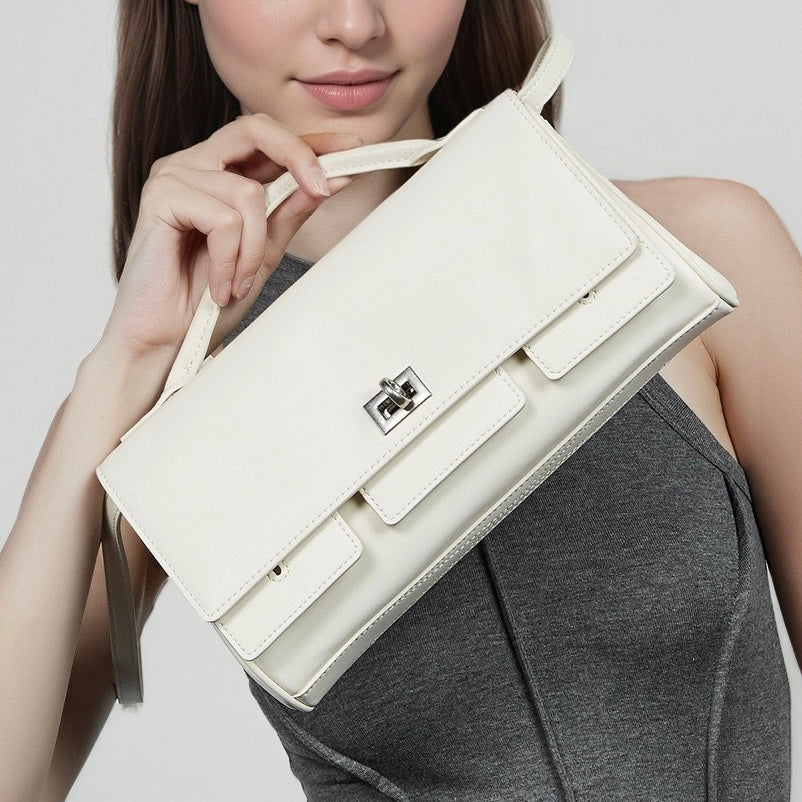 Women’s Genuine Leather Shoulder Handbag | Designer Lock Clasp Elegance