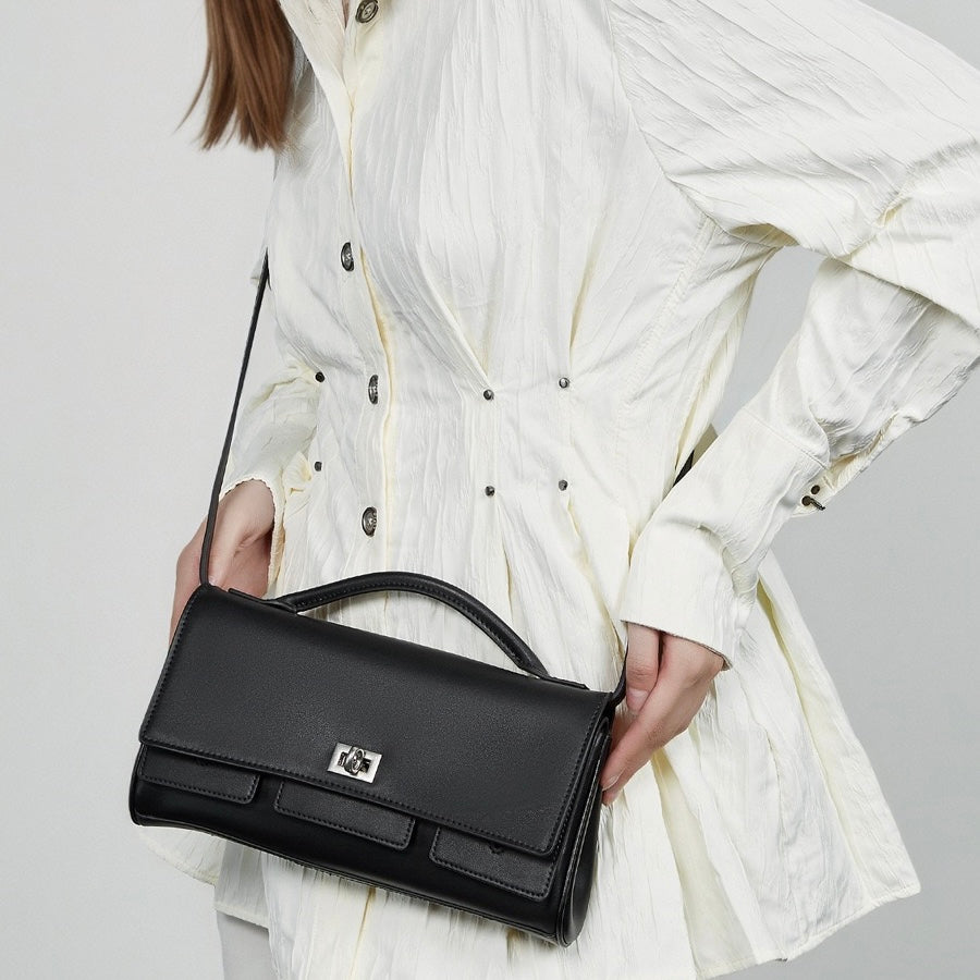 Women’s Genuine Leather Shoulder Handbag | Designer Lock Clasp Elegance