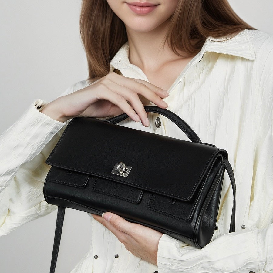 Women’s Genuine Leather Shoulder Handbag | Designer Lock Clasp Elegance