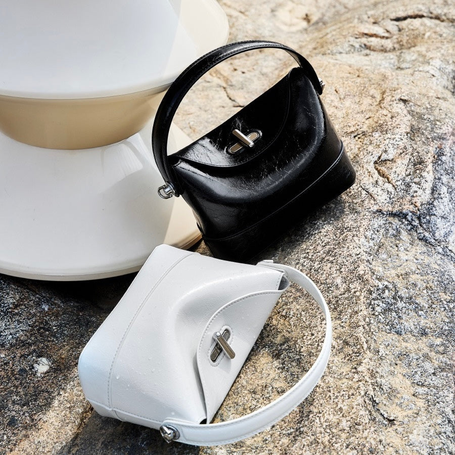Women’s Genuine Leather Mini Bucket Crossbody Bag | Turn Lock Elegance