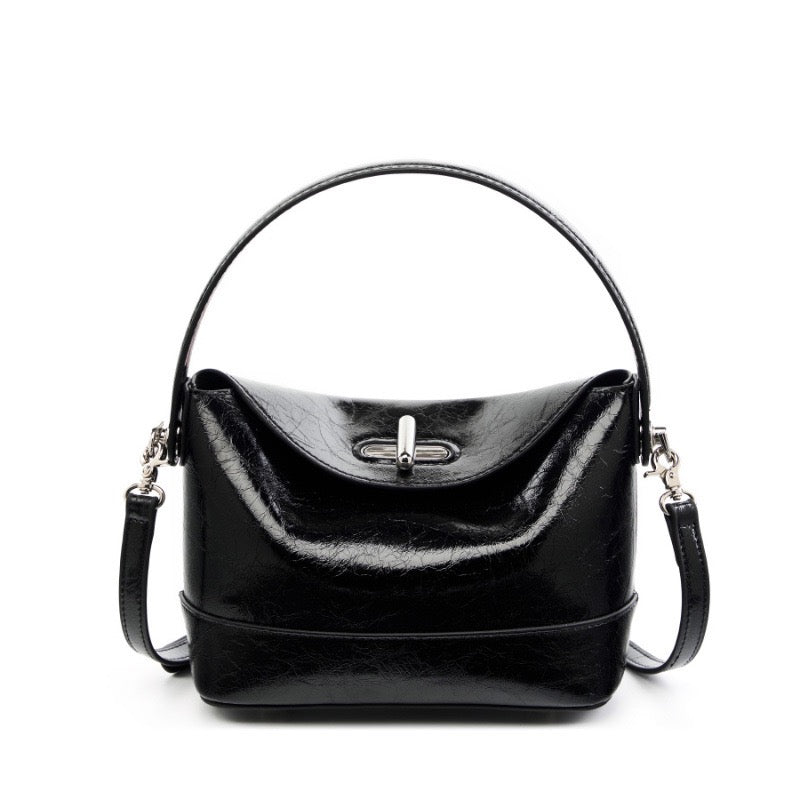 Women’s Genuine Leather Mini Bucket Crossbody Bag | Turn Lock Elegance