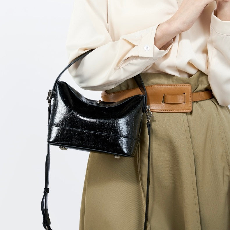 Women’s Genuine Leather Mini Bucket Crossbody Bag | Turn Lock Elegance