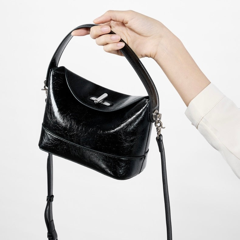 Women’s Genuine Leather Mini Bucket Crossbody Bag | Turn Lock Elegance