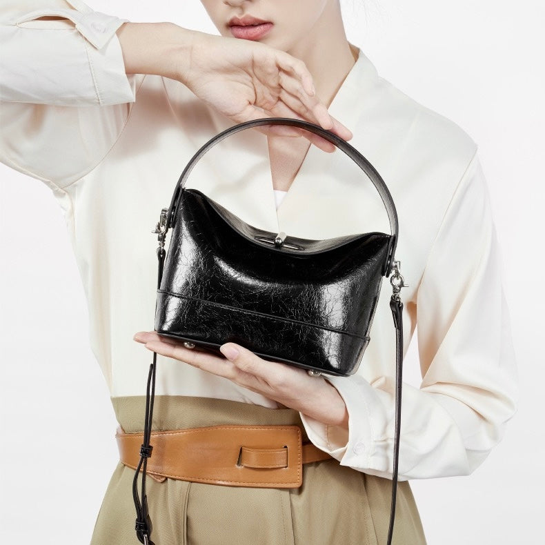 Women’s Genuine Leather Mini Bucket Crossbody Bag | Turn Lock Elegance