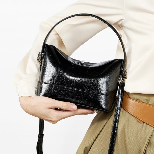 Women’s Genuine Leather Mini Bucket Crossbody Bag | Turn Lock Elegance