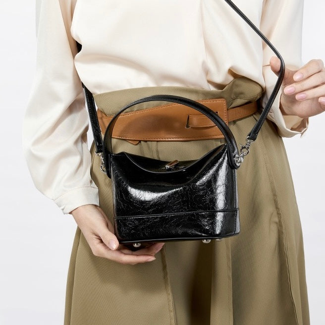 Women’s Genuine Leather Mini Bucket Crossbody Bag | Turn Lock Elegance