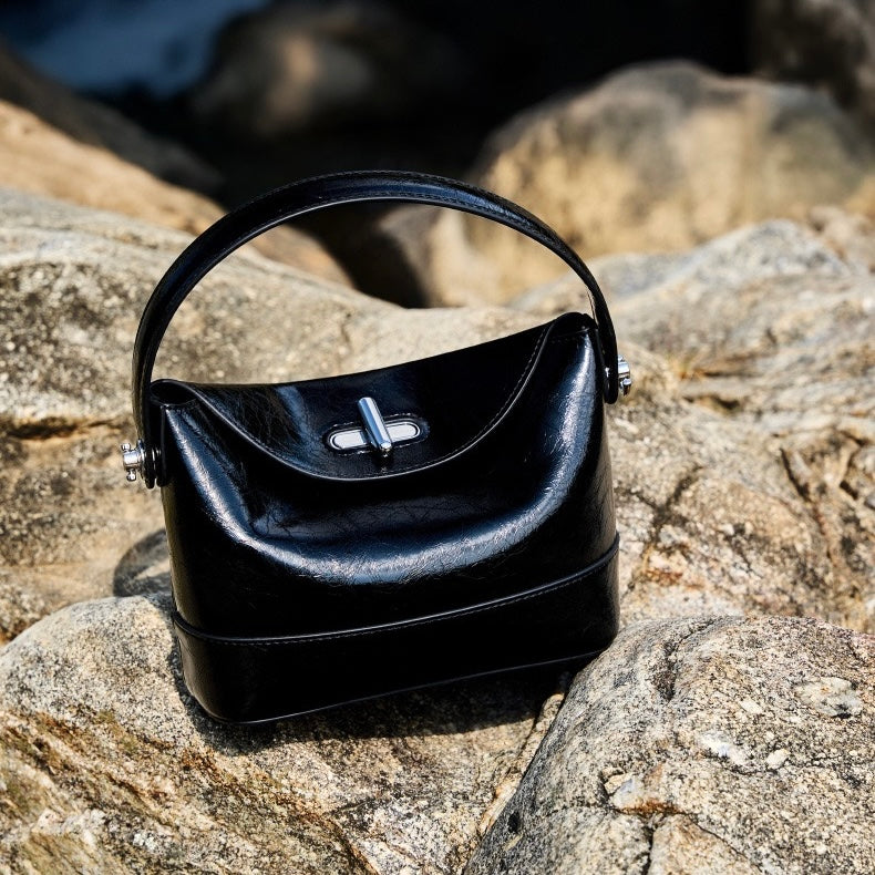 Women’s Genuine Leather Mini Bucket Crossbody Bag | Turn Lock Elegance