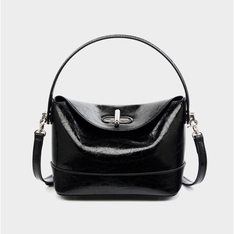 Women’s Genuine Leather Mini Bucket Crossbody Bag | Turn Lock Elegance