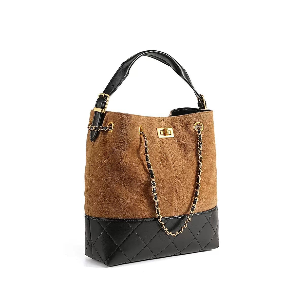 Genuine Suede Leather Chain Bucket Bag | Effortless Colorblock Elegance
