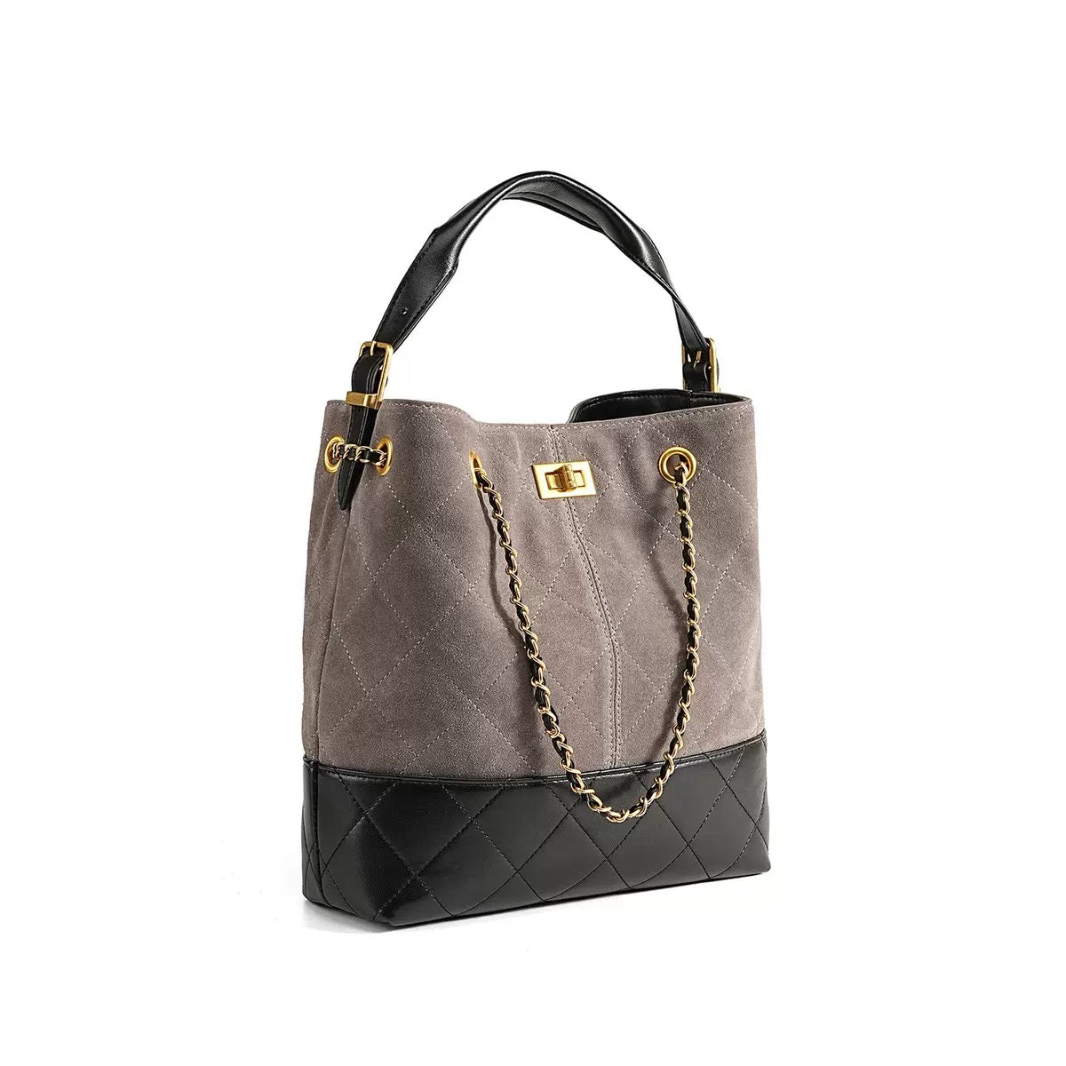 Genuine Suede Leather Chain Bucket Bag | Effortless Colorblock Elegance