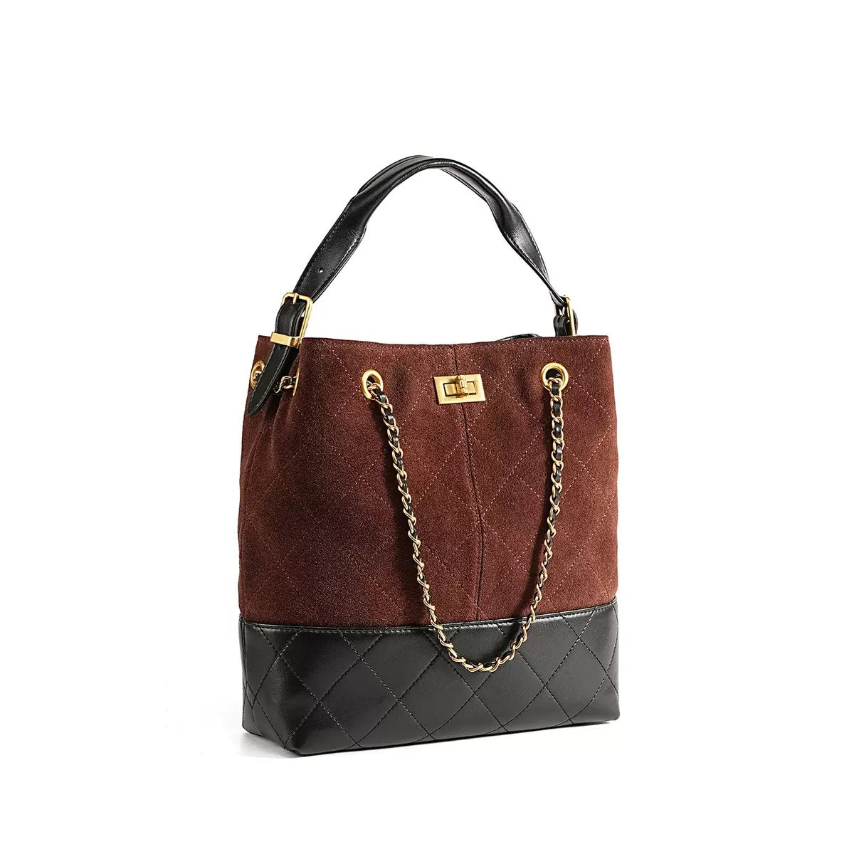 Genuine Suede Leather Chain Bucket Bag | Effortless Colorblock Elegance